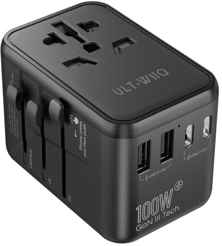 Adattatore da viaggio GaN da 100 W in tutto il mondo, USB C PD 3.0 QC, USB A e C, adattatore da viaggio, caricatore da viaggio per EU, DE, ZA, IT, ES, TR, BR, FR, UK, JP, USA, CN, Thailandia, India