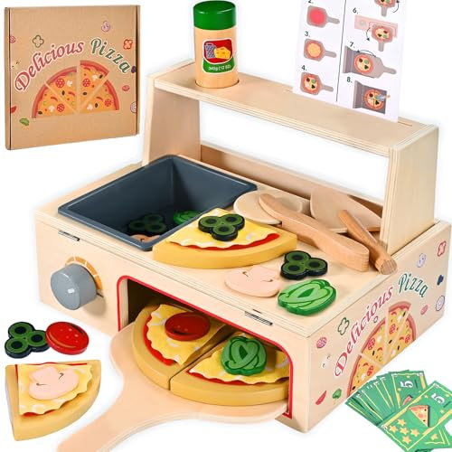 Wooderma Kinderküche Zubehör, Holz Pizza Spielzeug, Lebensmittel Spielzeug, Spielküchen Zubehör aus Holz mit Pizza Pizzaschneider, Rollenspiel Lernspielzeug Holzspielzeug - Jungen Mädchen Geschenk