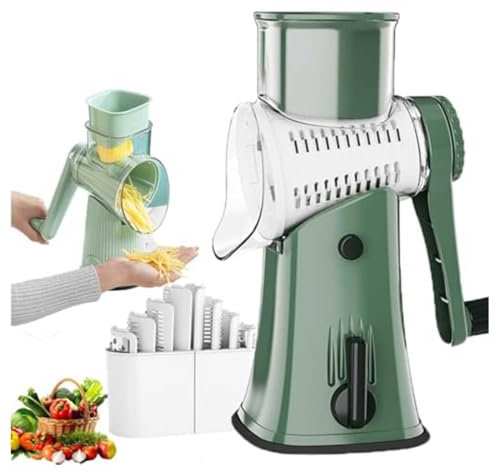 Trituradora de queso rotativa 5 en 1, rallador giratorio de queso con 5 cuchillas intercambiables, con base de succión antideslizante, cortador manual de manivela para queso, verduras, cortador de
