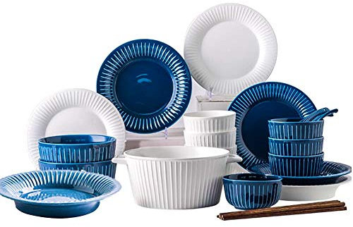 Set di stoviglie da 26 Pezzi per 5 Persone, Set da tavola in Ceramica, Set da tavola in Stile Francese, Set di Piatti e Ciotole a Righe Blu e Bianche, Set Completo di,