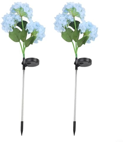 Lot de 2 lampes solaires colorées hortensia de jardin avec 3 têtes pour décoration extérieure (bleu)
