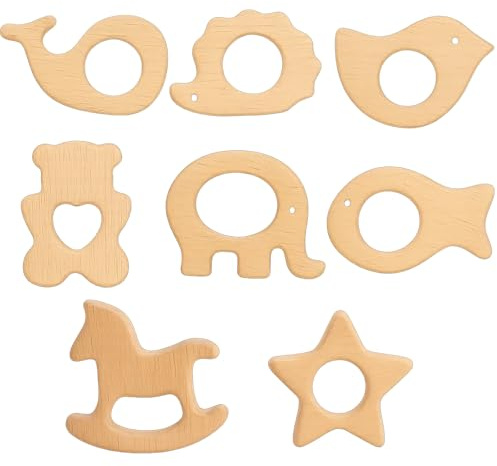 8 Stück Schnullerkette Selber Machen Set, Holzfiguren Holz Tiere Kinder Beißring, Natrlich Baby Holztiere Beißring, Natürlich Holz Ringe, Handgefertigt Anhänger Kit für DIY Schmuck, Handwerk