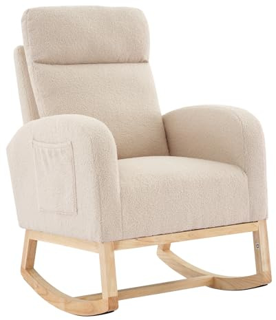GarveeHome Silla Mecedora para Lactancia, Sillas Mecedoras Tapizadas con Respaldo Alto, Silla Moderna y Relajante con Bolsillo Lateral, Estructura Reforzada y Duradera, para Salón, Dormitorio (Beige)