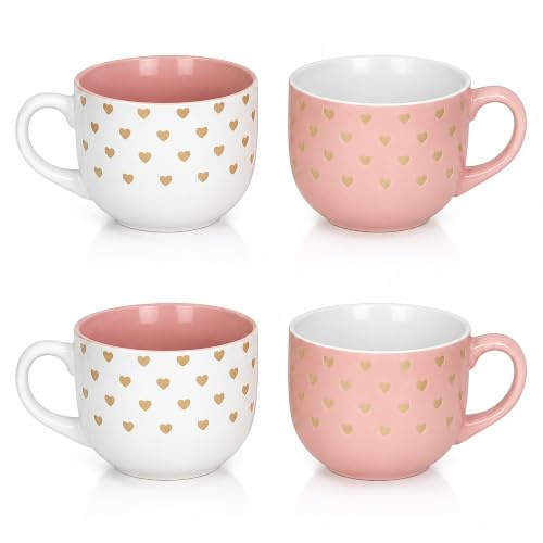 MundoTarros Pack 4 Tazones con Corazones 500 ml de Cerámica con Asa, Tazas Grandes Jumbo para Desayuno, Café con Leche, Chocolate Caliente, Cereales, Yogur y Granola, Acabado Brillante (4)