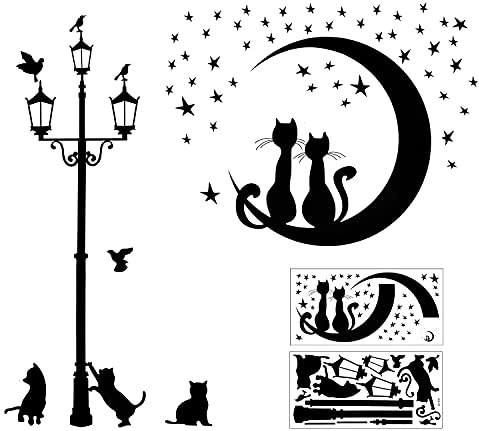 2 pezzi adesivi murali neri gatti set autoadesivo per la decorazione della parete, lampione stella gatto adesivi murali murales per soggiorno camera da letto camera dei bambini corridoio finestra