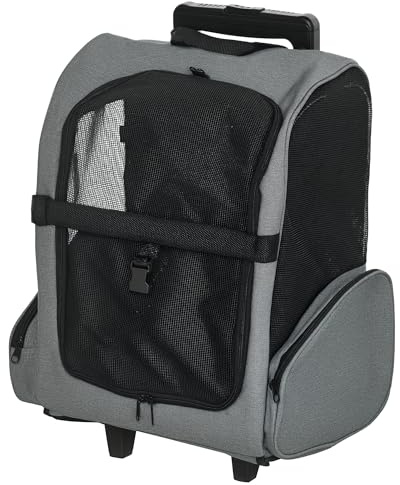 PawHut Trasportino Zaino 2 in 1 per Cani e Gatti con Tasche Laterali, Maniglia Telescopica e Ruote, 42x25x55cm, Grigio