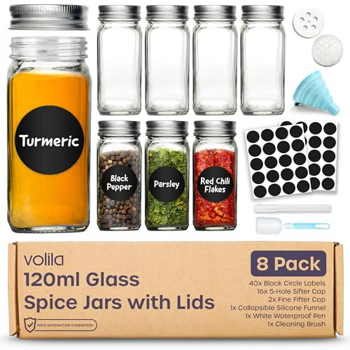 volila Spice Jars - 8 Pack 120ml Glass Spice Jars with Lids and Labels, Stickers, Pen, Cleaning Sponge and Funnel - Refillable Square Seasoning Jars for Spices, Herbs, Salt and Pepper