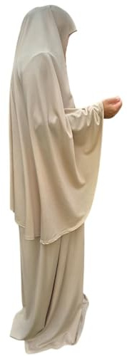 Prayer Set Two Piece (Khimar + Skirt) One Size Pull on Headscarf Stretchy Lycra Ideal Everyday/Home/Work/Travel/Hajj/Umrah/Mosque/Madrassa/Ramadan/Eid/Gift (Beige)