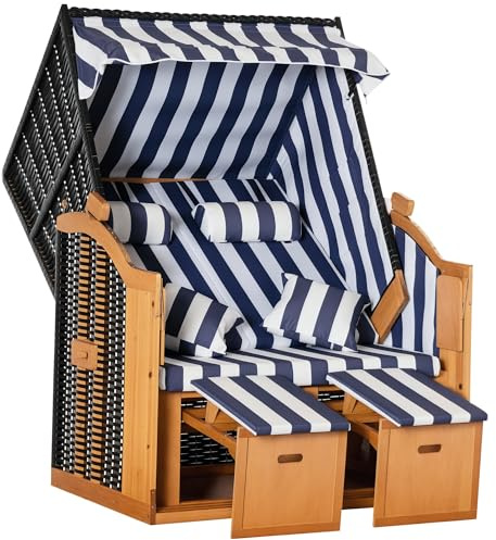Outsunny Strandkorb Ostsee Volllieger 2-Sitzer Strandkörbe aus Tannenholz, 5-stufige verstellbare Rückenlehne, Strandkorb mit Fußbänkchen Seitentische, PE Geflecht, Strandstuhl für Balkon, Blau+Weiß