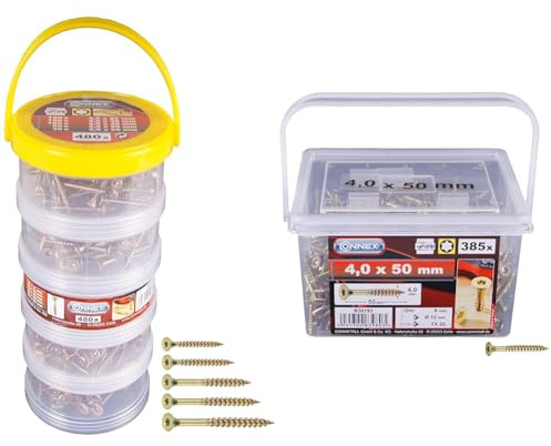 CON:P B30305 Assortiment de 480 Vis universelles galvanisées & B30193 Vis universelles à tête fraisée avec empreinte étoile TX pour panneaux de particules 4,0 x 50 mm 385 pièces Jaune