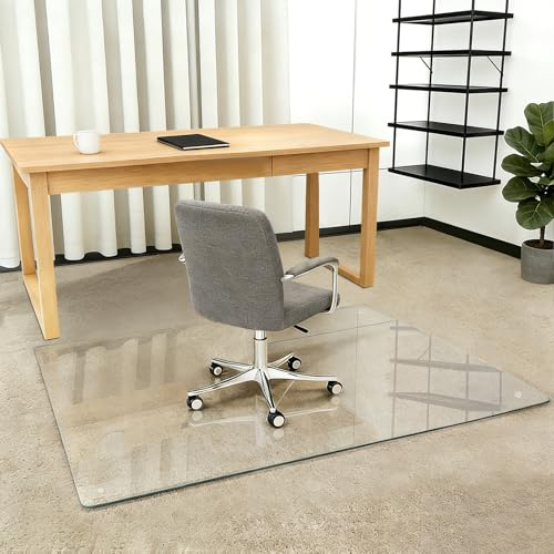Tcyzest 90cm x 120cm Gehärtetes Glas-Bürostuhlmatte, 5mm Dick Hochwertiges Gehärtetes Glas– für Bürostühle auf Teppich oder Hartem Boden, mit 4 Anti-Rutsch-Pads