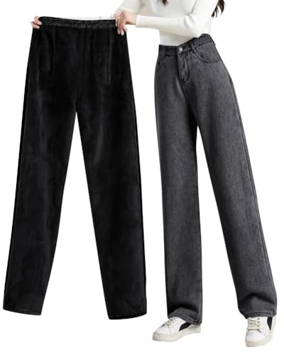 shownicer Damen Winter Jeans Fleece Gefüttert Thermohose Warm High Waist Thermojeans Dicke Jeans Baggy Jeanshosen Denim Pants Outdoor für Frauen A Schwarz XXL