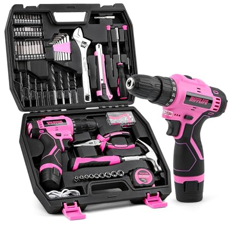 DIFFLIFE Juego de herramientas de taladro eléctrico rosa de 147 piezas con taladro inalámbrico de 12 V, juego de herramientas profesionales para el hogar, taladro eléctrico rosa, caja de herramientas