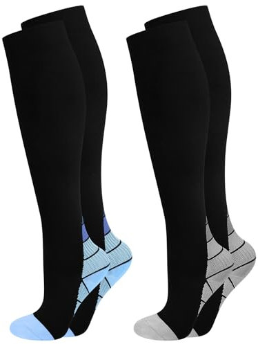 YLK 2 PAIA Calze Compressione Graduata Uomo E Donna 20-30mmHg per Sportive, Running, Trekking, Recupero, Viaggio in Aereo, Antitrombo, Vene Varicose (IT, Testo, S, M, Regular, Regular, Blu+Grigio)