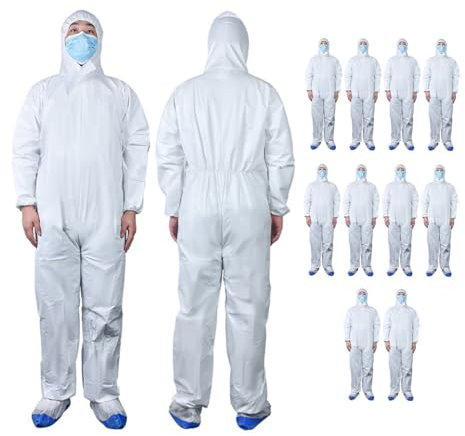 WWBDZSW Einweg-Arbeitsanzüge,Körper Anzug Set,Schutzanzug Mit Kapuze,Laboroveralls Kittel,Maleranzug,Arbeits-Coverall-gegen Chemikalien & Partikel,Unisex,Staubdicht,Wasserdicht-10pcs 65g||185cm