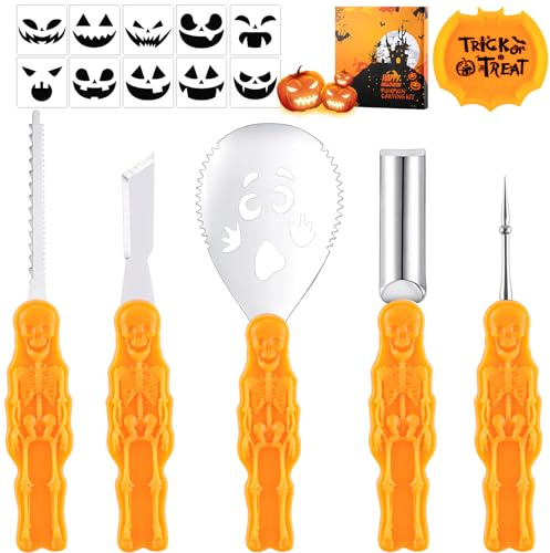 wokdsbl Halloween Kürbis Schnitzset, 16 Stück Kürbis Schnitzwerkzeuge aus Edelstahl mit Schablonen & Süßigkeitenschale, Wiederverwendbares Set für Kinder & Erwachsene