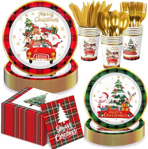 140 Pcs Christmas Paper Plates and Napkins Sets Includes Plates Napkins Cups Cutlery for Holiday Merry Christmas Party Decorations, Serves 20