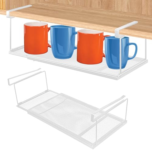 Pelizen Under Shelf Storage Baskets, Expandable Under Shelf Kitchen Storage, Hanging Pull Out Basket, Metal Closet Basket for Tin, Bottle (White)