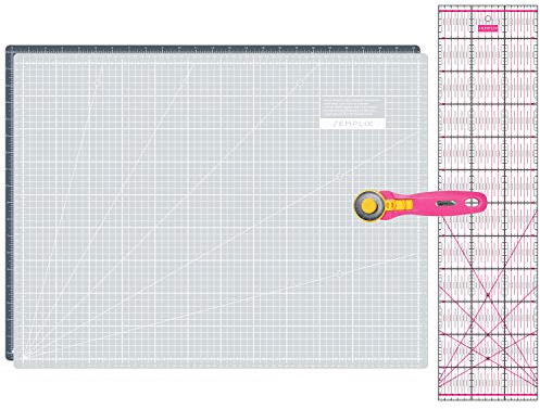 SEMPLIX Skärmattor set – skärunderlag 60 x 45 cm (A2), rullskärare Maxi 45 mm, patchwork linjal 60 x 15 cm (grå/rosa)