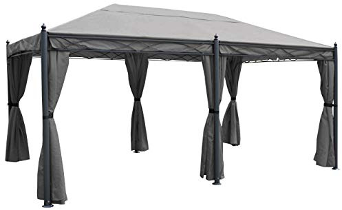 Gazebo pergola baldacchino moderno elegante Cadice acciaio poliestere 5x3m grigio con zanzariere e tende