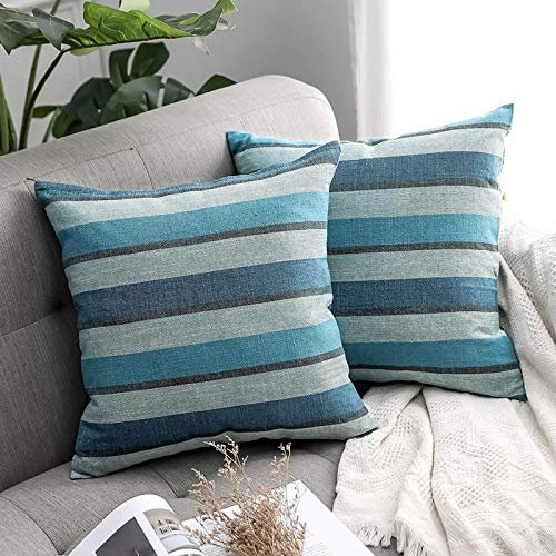 MIULEE Streifen Kissenbezüge Kissenhülle Leinenoptik Sofakissen Dekorative Kissenbezug Dekokissen Deko Couchkissen Bezug für Sofa Büro Couch Schlafzimmer Wohnzimmer 2er Set 40x40 cm Blau