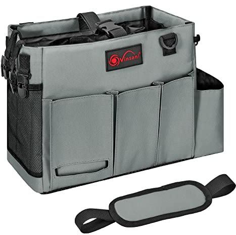 Vinsani Cleaning Caddy Multifunctional Storage Organiser Bag with Handle and Adjustable Waist and Shoulder Straps for Cleaning Supplies, Home, Craft, Car and Garden Tool Kit – Medium Dark Grey