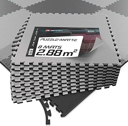 Hop-Sport Puzzlematte 4er, 8er, 12er Set zur Auswahl - Extra Dicke Unterlegmatte für Fitnessgeräte als Rutschfester Bodenschutz - Größe 60 x 60 x 2 cm (schwarz/grau 8 Stück)