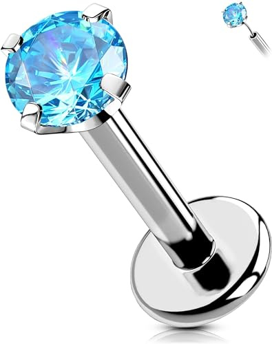 OUFER Body Piercing Titanium Labret Lip Stud 16G Threadless Tragus Helix Earring Piercing Jewellery 6/8/10/12mm Aqua CZ Push in Labret Lip Bars