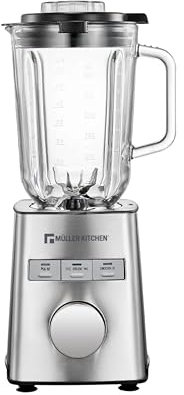 Muller Kitchen MK-6065 Batidora de vaso (1000W, Jarra de Cristal de 1,5L, Cuchilla INOX de 6 filos, 3 programas automáticos, 5 velocidades variables, Picadora de hielo, Carcasa INOX)