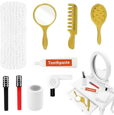 VZXQX 9 Stück Puppenhaus Zubehör, 1/6 1/12 Miniatur Wichtel Zubehör Weihnachten Miniatur Toilettenartikel Set, Miniatur Zahnbürste Zahnpasta Set für Puppenhaus Badezimmer Zubehör Möbel Deko