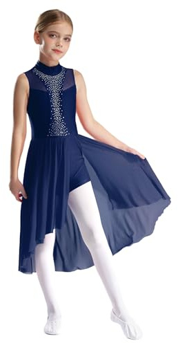 inhzoy Vestito da Balletto Danza Classica per Bambina Abito da Ballo Lirico Contemporaneo con Strass Body Danza Classica Moderna Costume da Sala da Ballo Latino Blu Scuro 9-10 Anni