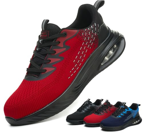 TQGOLD Scarpe Antinfortunistiche Uomo Donna Leggere Scarpe da Lavoro con Punta in Acciaio Antiscivolo Scarpe da Cantiere Scarpe Sicurezza Sportive Traspiranti (Rosso,42EU)