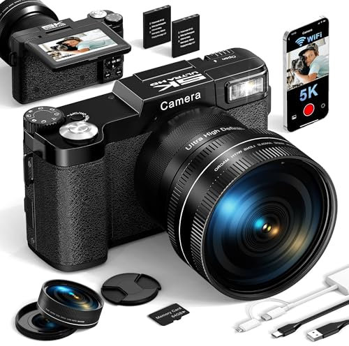 Digitalkamera, 5K 64MP Kameras für Fotografie mit WiFi, 64GB Karte, Autofokus, Einstellbare Taschenlampe, 18X Zoom 180° Flip Screen Kompakte Reise Vlogging-Kamera für YouTube Anfänger, Wide & Makro