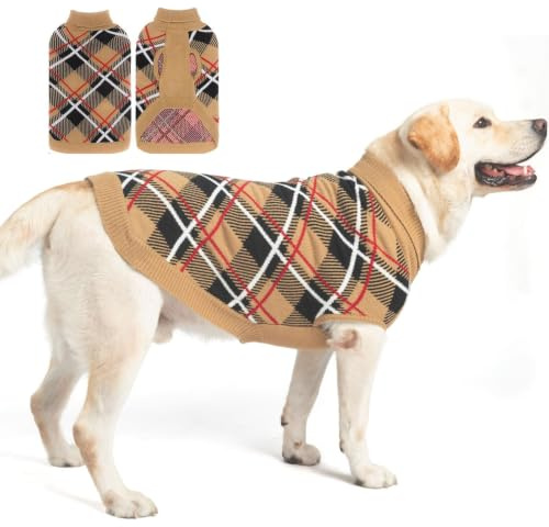 EXPAWLORER Fall Dog Sweater for Small Medium Large Dogs, Plaid Pet Clothes | Knitted Pullover Turtleneck Cold Weather Classic Sweatshirt Outfits for Winter, Girl/Boy Knitwear with Leash Hole Beige L
