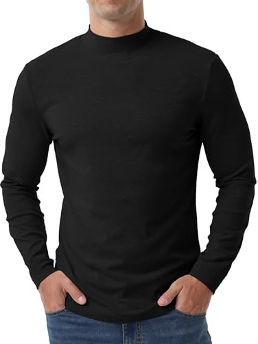 QIXING Camiseta térmica de manga larga para hombre con cuello alto de algodón, capa base de ropa interior térmica, Negro, L