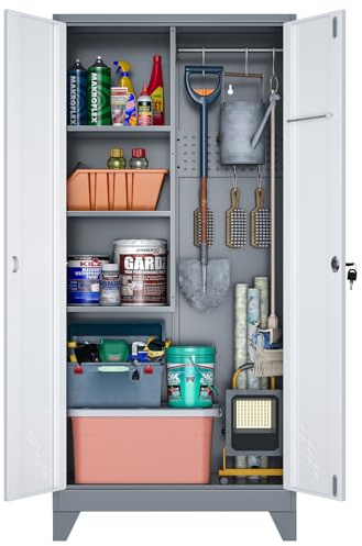 OSEILLC Metal Storage Cabinet with Locking Doors, 61 Tall Garage Cabinet with Hanging Rod, Broom Closet/Freestanding Bathroom Storage Cabinet, Cleaning Tool Storage