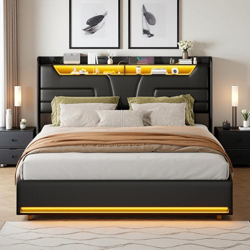 Zorvani Letto matrimoniale imbottito 160x200cm con LED e spazio di archiviazione, testiera con USB, letto contenitore idraulico, letto per giovani, struttura del letto, ecopelle nera, senza materasso