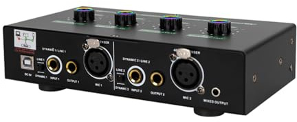 Luocute Amplificatore Microfonico a 2, Interfaccia Audio Compatta in Metallo con Alimentazione Phantom 48V per Microfoni a Condensatore Dinamici Registrazione di Strumenti in Streaming
