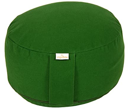 Yogabox Meditationskissen Basic, Abnehmbarer Bezug aus 100% Baumwolle, Höhe 13-18 cm, Praktische Trageschlaufe, Basic Collection, Buchweizenschalen, Olivgrün