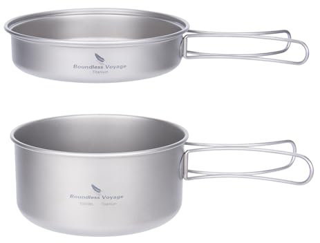 iBasingo Titan Topf Pfanne Set Camping Kochgeschirr Leichtes Outdoor Kochset (1000ml Topf + 500ml Schüssel) mit Klappgriff, Küchenzubehör für Wandern, Backpacking, Trekking & Reisen Ti2042C