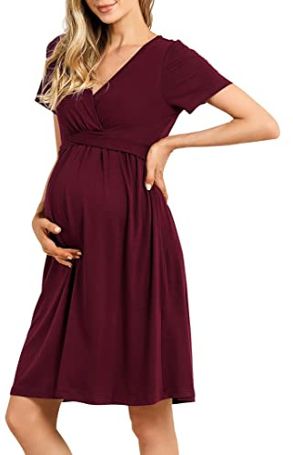KOJOOIN Damen Umstandskleid V-Ausschnitt Stillkleid Casual Falten Schwangerschaftskleid Weinrot(Kurzarm) M