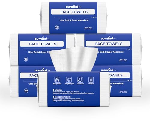 Ourmed Life Face Towels, Disposable Biodegradable Clean Face Wipes for Sensitive Skin, Lint- free Facial Towels for Women Cleansing, Skincare and Makeup Remover, Dry Wipes,600 Count EF Texture