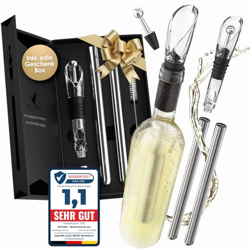 Beyond Enfriador de Botellas de Vino Acero Inoxidable con Vertedor – Varilla Enfriadora Accesorio ideal y Regalo para Amantes del Vino Hombre Mujer | Para Vino Blanco y Tinto (Set de Regalo)