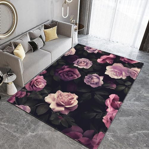 Waschbarer Teppich 120x170cm, Pflanze Malerei Rose Blume Weicher Rutschfester Vintage Teppich, Kurzflor Bedruckter Teppich für Wohnzimmer, Büro, Schlafzimmer Bunt