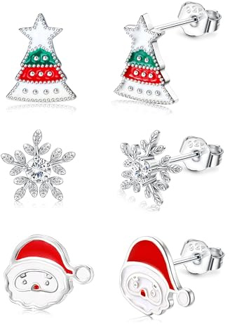 CASSIECA 3 Paia Orecchini Natalizi Argento per Donna Ragazze Orecchino a Fiocco di Neve Albero di Natale Orecchini Babbo Natale, Gioielli Regalo con Scatola