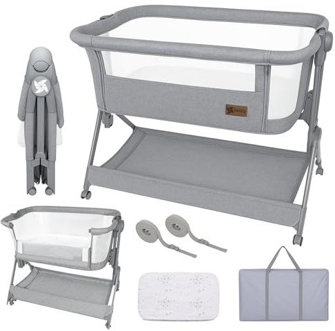 Twinly – Babysäng bekväm med hjul | vikbar och justerbar höjd (5 steg), andas från 0 månader till 9 kg, inkl. madrass, lakan och väska – utan montering (grå)
