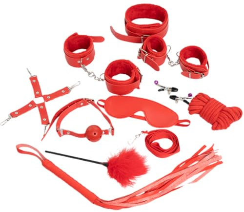 10 pezzi Set di Kit bondage da ritenuta sessuale SM Set di giocattoli bondage BDSM Manette Benda per bavaglio Morsetti per capezzoli Fruste Giocattoli sessuali erotici per coppie (Rosso)