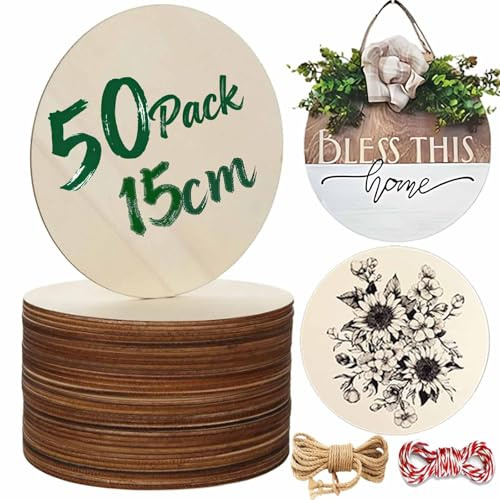 50pcs Wooden Discs, 15cm/6 Inch Unfinished Wood Circles, Round Wooden Discs for Crafts, Natural Blank Wood Slices for DIY Craft Decorations Ornaments – 2.5mm Thick