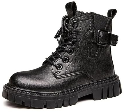 2027-Botines Elegantes para Niñas con Hebilla Cordones y Cremallera Lateral Parte Superior de Cuero Sintético Duradero Calzado Cómodo para Invierno Ropa Informal Pequeñas (Black, 28 Little Child)