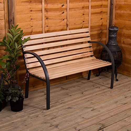 Garden VIda Gartenbank aus Holz mit Stahlrahmen 3 Sitz Außenbereich Möbel Möbelstück Sitzmöglichkeit Holz Bretter Stahl Innenhof Terrasse Sitz, Natürlich.